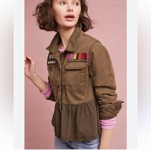 Anthropologie Military Style Olive Jacket with Peplum Hem, Beaded, Cotton/Linen